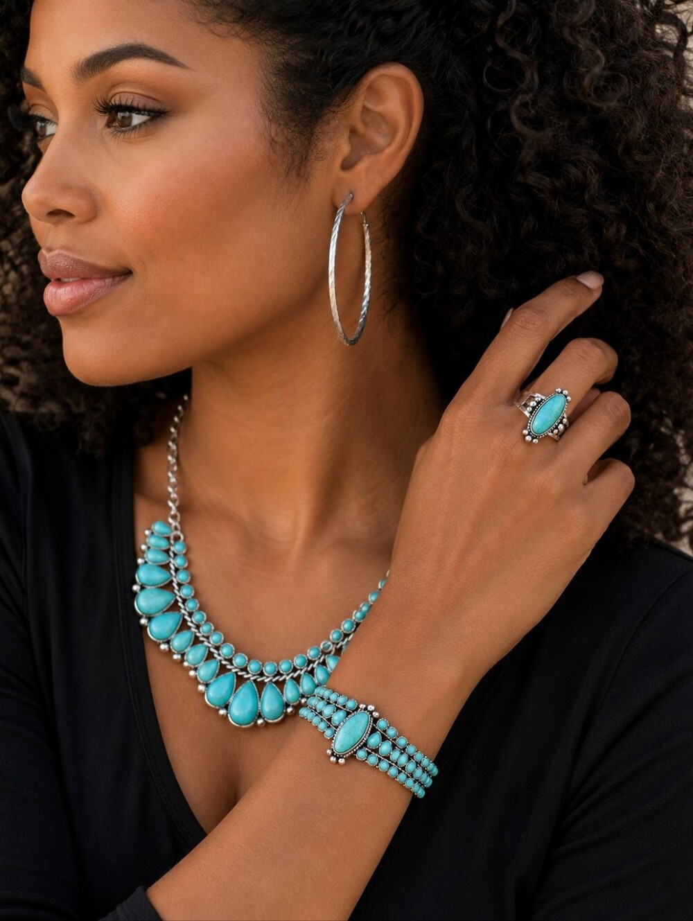 Turquoise Statement Complete Set- Necklace, Earrings, Bracelet & Ring Set - Picture 1 of 5